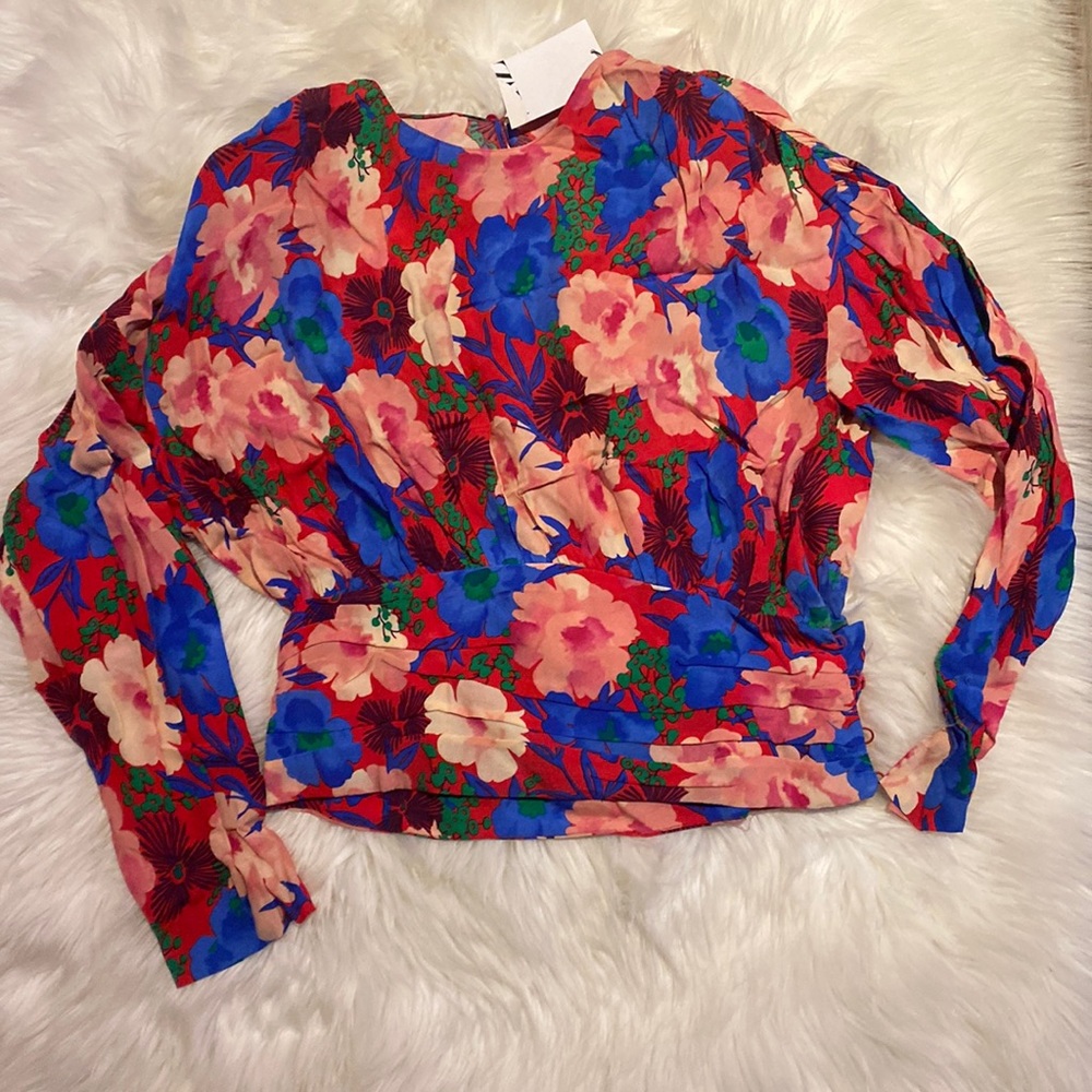 Zara Floral Red Blouse Shirt with Blue and Pink Flowers Size XSmall NWT